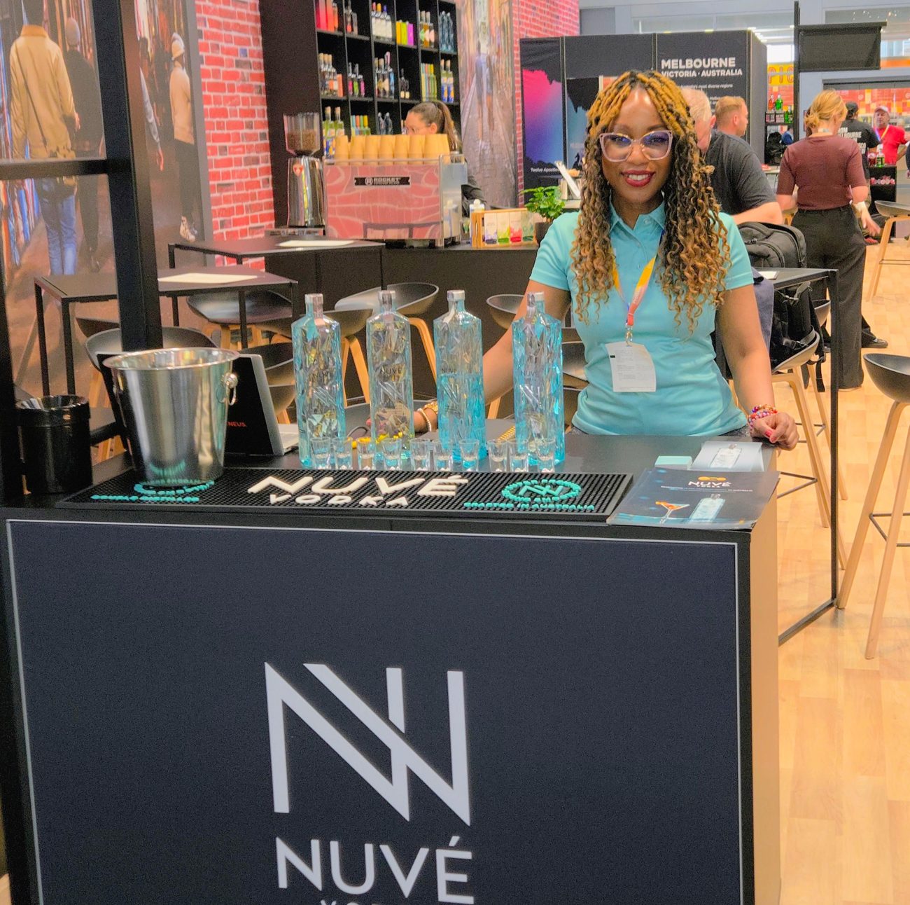 NeverMind B2B on the Nuvé Vodka stand at ProWein in Düsseldorf, with bottles displayed for tasting