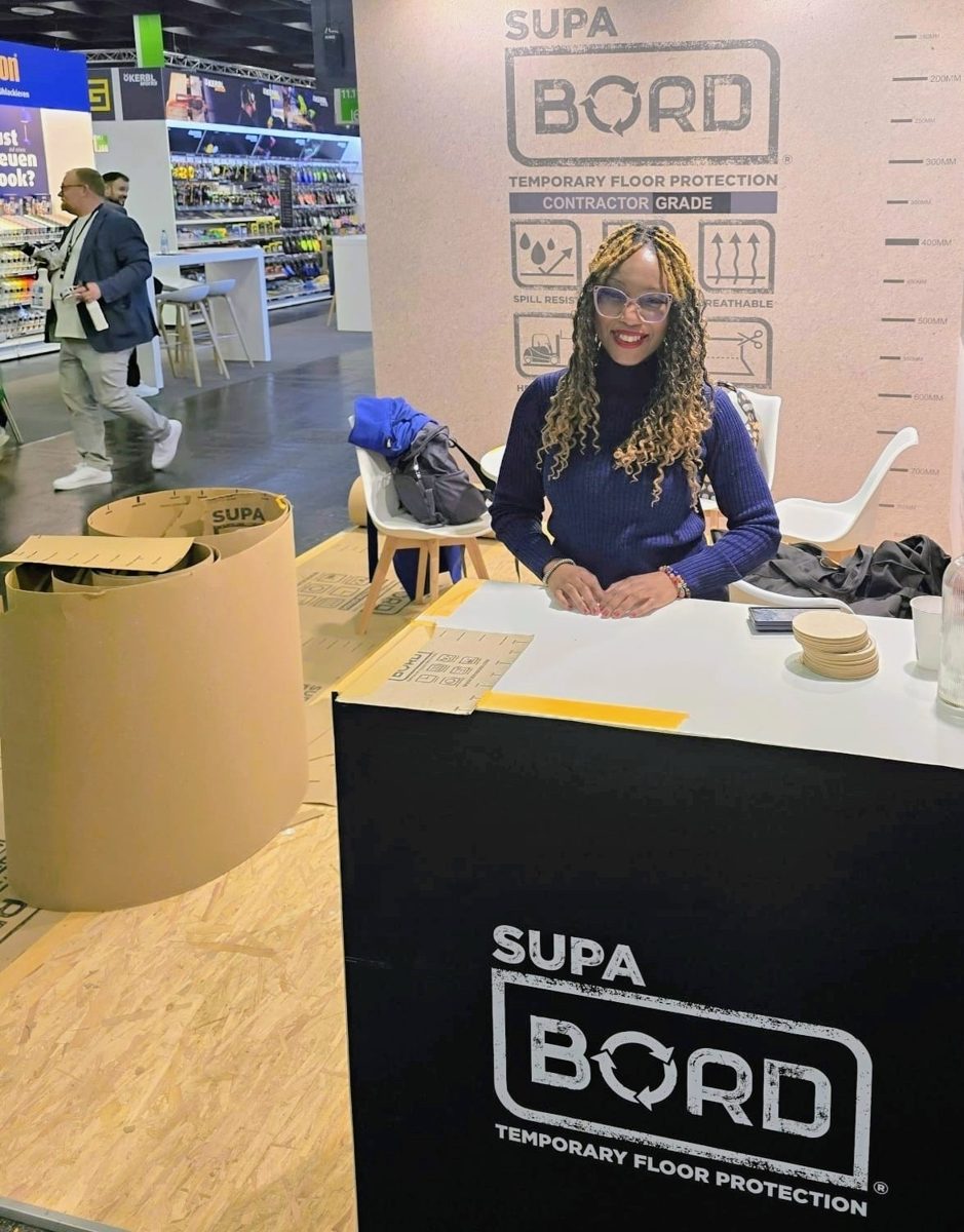 Joan Juwel of NeverMind B2B representing SupaBord temporary floor protection at the Eisenwarenmesse hardware trade fair in Cologne, Germany, 2026